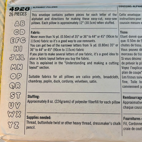 Simplicity 4928 Pattern Alphabet Pillows Sewing Patterns for Dummies Uncut 2003 - Picture 6 of 9